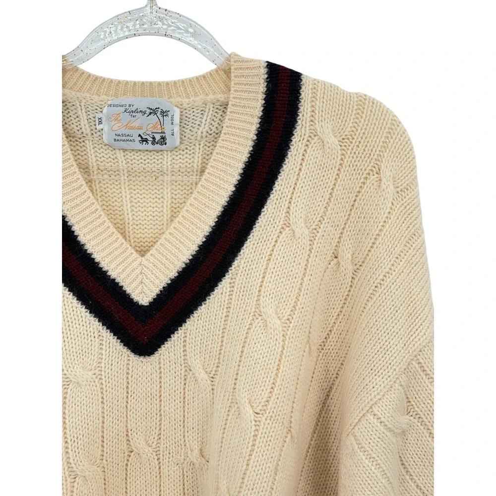 Kipling for The Nassau Shop Tennis Sweater VTG Mens SZ XXL Cream Wool Cable Knit